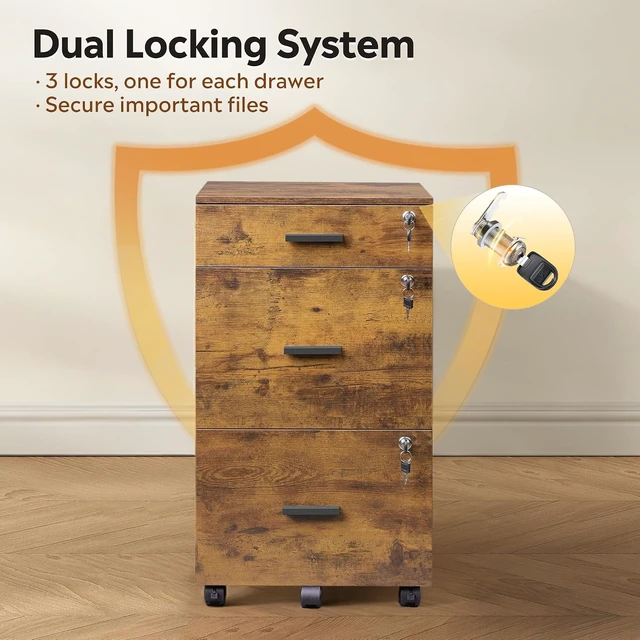 Alt view image 6 of 7 - 3 Drawer Wood File Cabinet with Lock & Wheels, Printer Stand