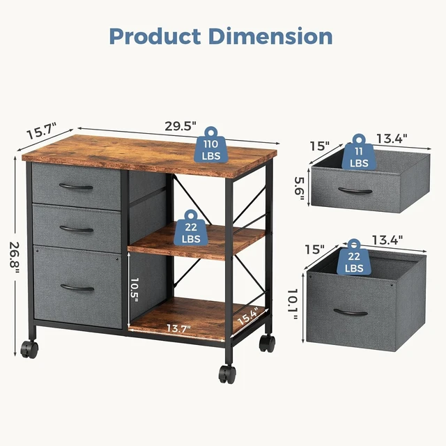 Alt view image 3 of 7 - 3 Drawer Mobile Rolling File Cabinet & Printer Stand with Storage