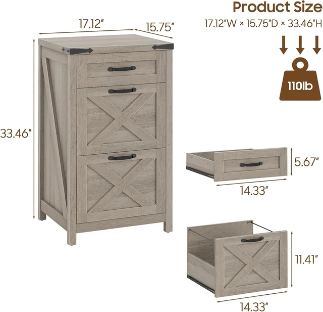 Alt view image 3 of 7 - 3 Drawer Farmhouse File Cabinet, Rustic Grey
