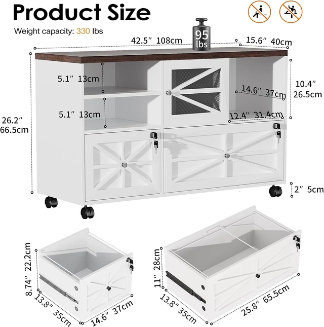 Alt view image 2 of 7 - 2 Drawer File Cabinet with Lock Rolling Cabinet for Letter/Legal/F4/A4 Files, Adjustable Shelf & 2 Lockable Wheels (White + Brown)