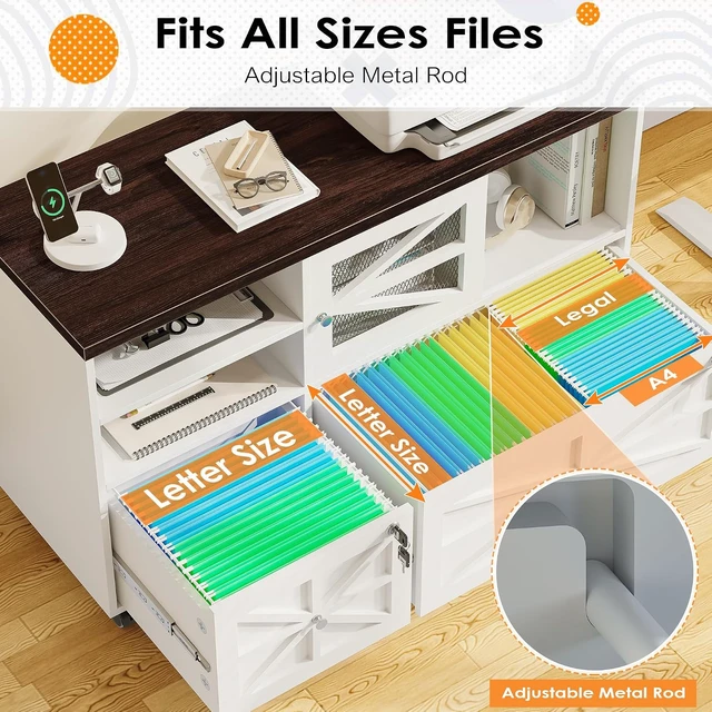 Alt view image 3 of 7 - 2 Drawer File Cabinet with Lock Rolling Cabinet for Letter/Legal/F4/A4 Files, Adjustable Shelf & 2 Lockable Wheels (White + Brown)