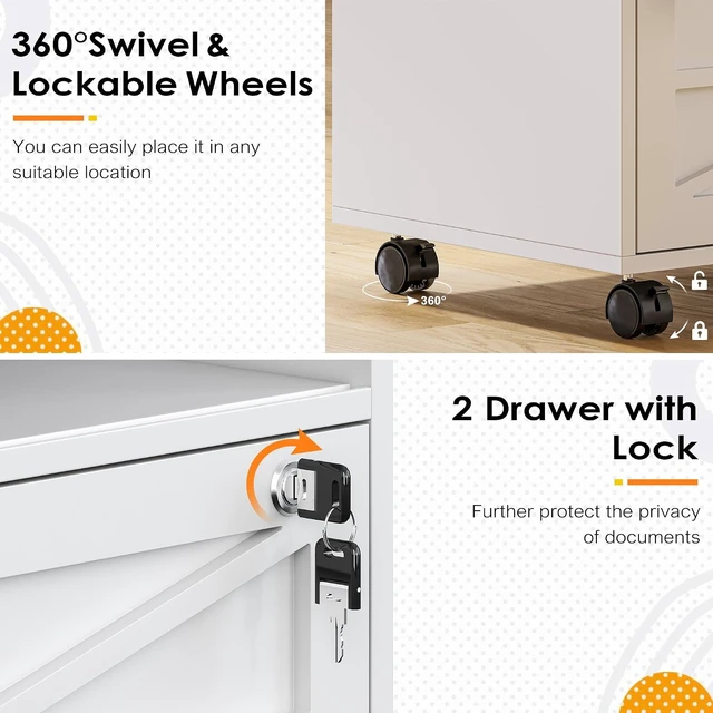 Alt view image 4 of 7 - 2 Drawer File Cabinet with Lock Rolling Cabinet for Letter/Legal/F4/A4 Files, Adjustable Shelf & 2 Lockable Wheels (White + Brown)