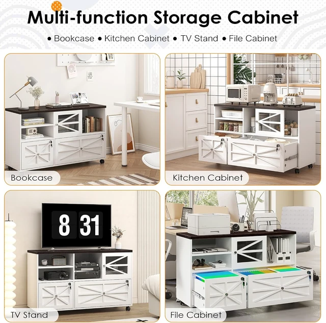Alt view image 6 of 7 - 2 Drawer File Cabinet with Lock Rolling Cabinet for Letter/Legal/F4/A4 Files, Adjustable Shelf & 2 Lockable Wheels (White + Brown)