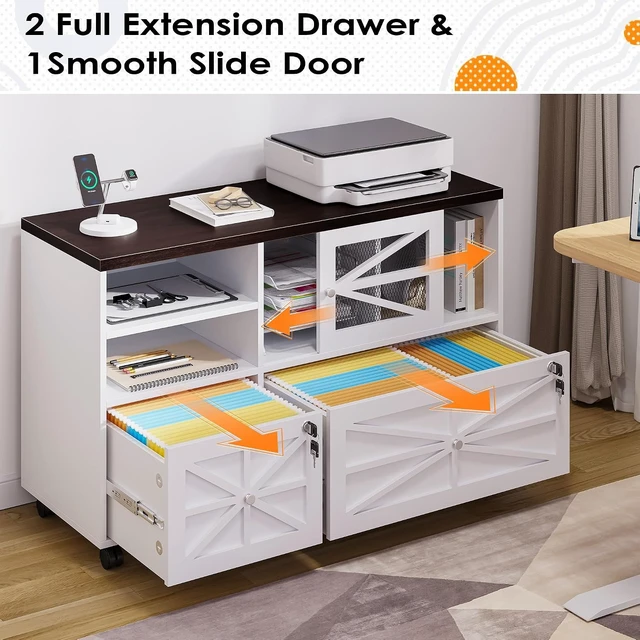 Alt view image 7 of 7 - 2 Drawer File Cabinet with Lock Rolling Cabinet for Letter/Legal/F4/A4 Files, Adjustable Shelf & 2 Lockable Wheels (White + Brown)