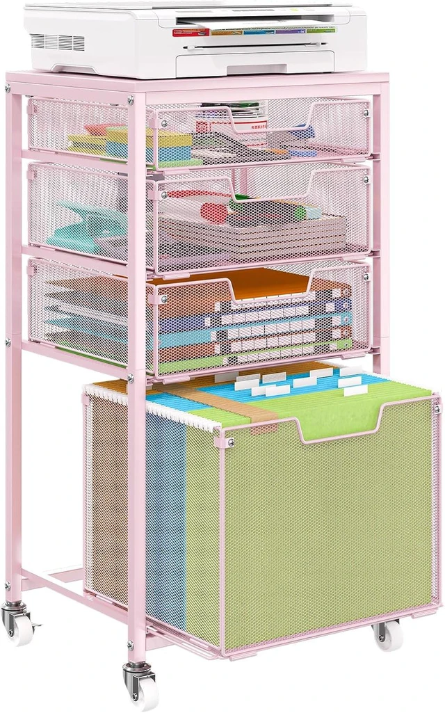 Main image of 4 Drawer Rolling File Cart Under Desk Storage Mobile Filing Cabinet & Hanging File Organizer with Wheels, Utility Cart Printer Stand, Pink
