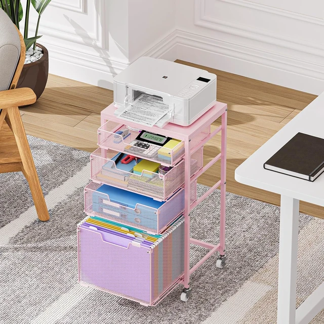 Alt view image 2 of 7 - 4 Drawer Rolling File Cart Under Desk Storage Mobile Filing Cabinet & Hanging File Organizer with Wheels, Utility Cart Printer Stand, Pink