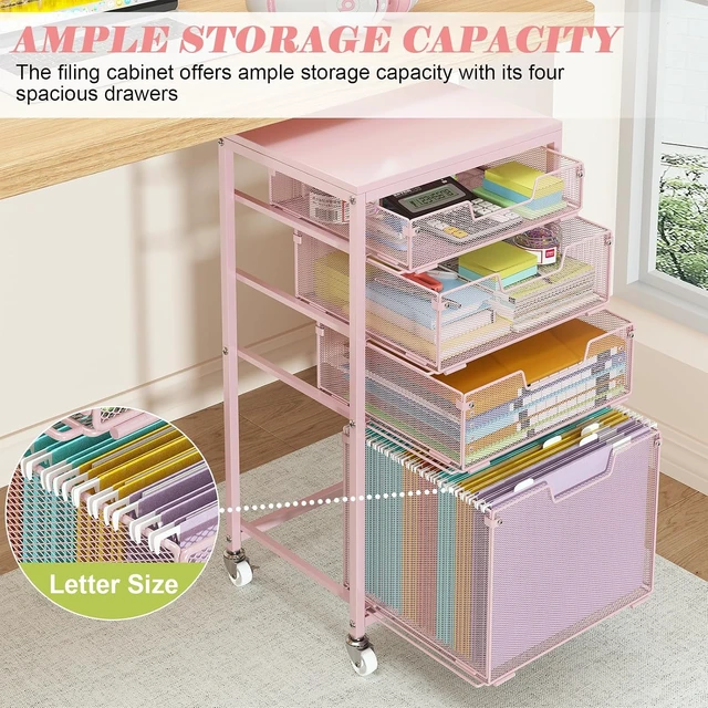 Alt view image 4 of 7 - 4 Drawer Rolling File Cart Under Desk Storage Mobile Filing Cabinet & Hanging File Organizer with Wheels, Utility Cart Printer Stand, Pink