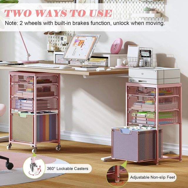 Alt view image 5 of 7 - 4 Drawer Rolling File Cart Under Desk Storage Mobile Filing Cabinet & Hanging File Organizer with Wheels, Utility Cart Printer Stand, Pink