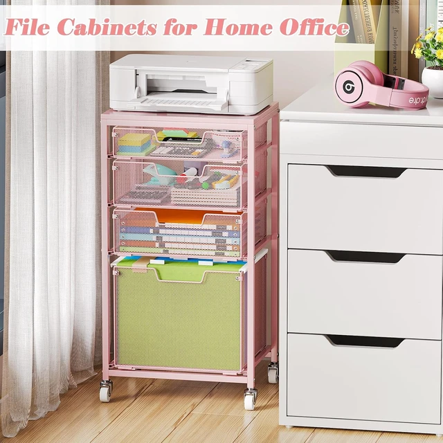 Alt view image 7 of 7 - 4 Drawer Rolling File Cart Under Desk Storage Mobile Filing Cabinet & Hanging File Organizer with Wheels, Utility Cart Printer Stand, Pink