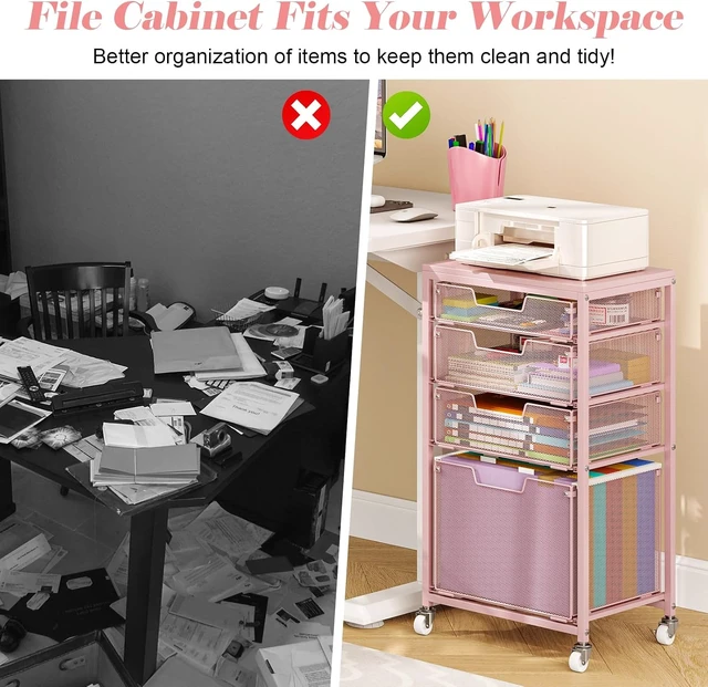 Alt view image 6 of 7 - 4 Drawer Rolling File Cart Under Desk Storage Mobile Filing Cabinet & Hanging File Organizer with Wheels, Utility Cart Printer Stand, Pink