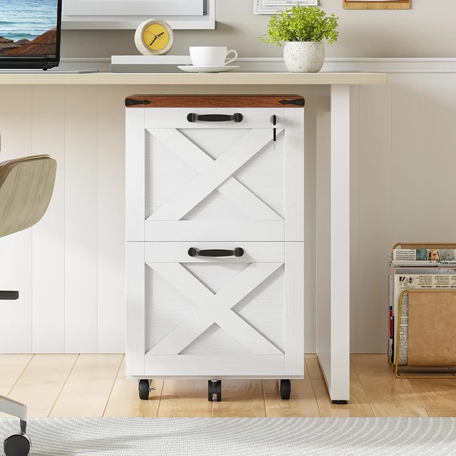 Alt view image 2 of 7 - 2 Drawer File Cabinet with Lock Under Desk Mobile Wooden Farmhouse Cabinet & Printer Stand, Fits Letter/A4 Size, Walnut & White WH66WJ01