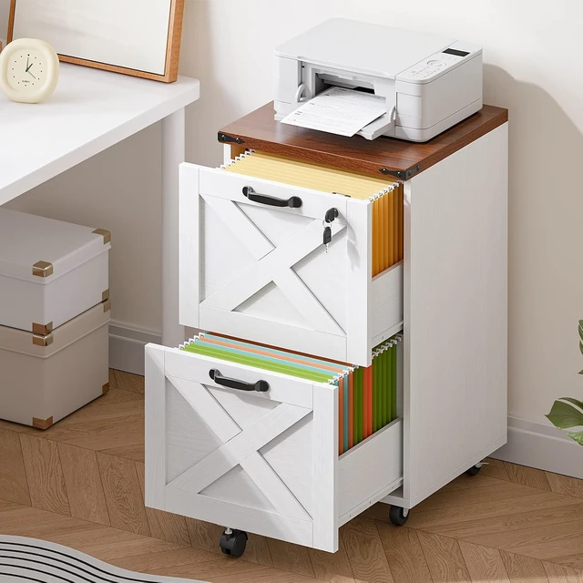 Alt view image 4 of 7 - 2 Drawer File Cabinet with Lock Under Desk Mobile Wooden Farmhouse Cabinet & Printer Stand, Fits Letter/A4 Size, Walnut & White WH66WJ01