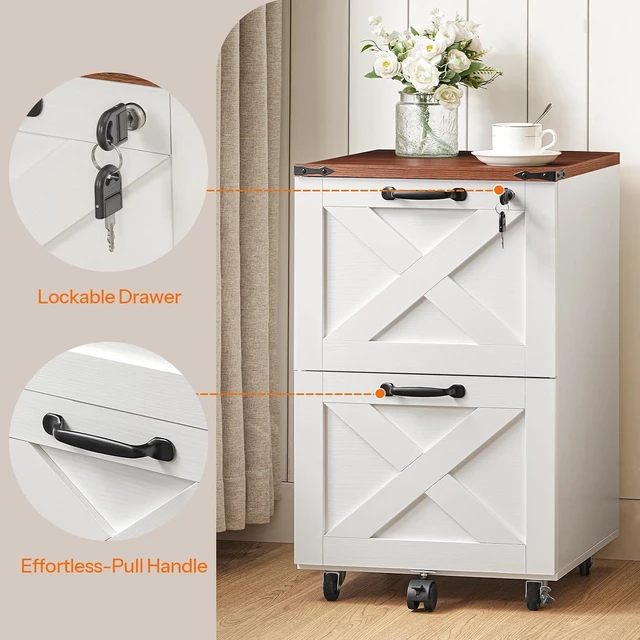 Alt view image 5 of 7 - 2 Drawer File Cabinet with Lock Under Desk Mobile Wooden Farmhouse Cabinet & Printer Stand, Fits Letter/A4 Size, Walnut & White WH66WJ01