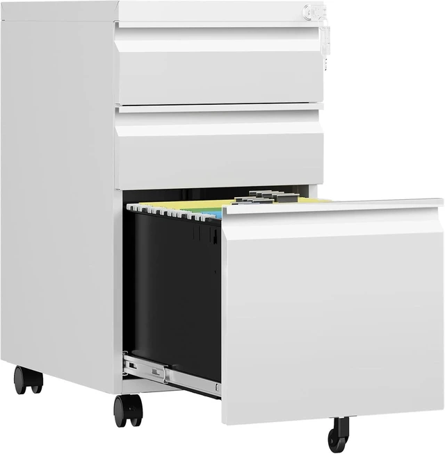 Main image of 3 Drawer Mobile File Cabinet with Lock Rolling Under Desk Cabinet on Wheels, Metal Vertical White for Legal/Letter/A4, Assembly Required
