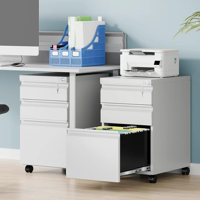 Alt view image 2 of 7 - 3 Drawer Mobile File Cabinet with Lock Rolling Under Desk Cabinet on Wheels, Metal Vertical White for Legal/Letter/A4, Assembly Required