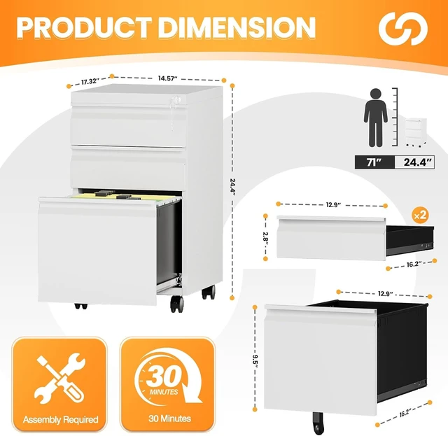 Alt view image 3 of 7 - 3 Drawer Mobile File Cabinet with Lock Rolling Under Desk Cabinet on Wheels, Metal Vertical White for Legal/Letter/A4, Assembly Required