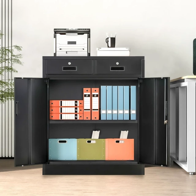 Alt view image 2 of 7 - Metal Storage Cabinet 36" H Locking Cabinet with 2 Drawers & Adjustable Shelf for Office, Garage, Home-Black