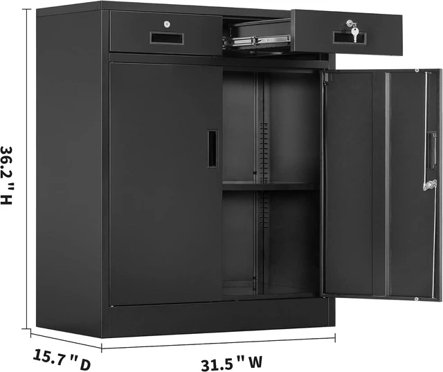 Alt view image 3 of 7 - Metal Storage Cabinet 36" H Locking Cabinet with 2 Drawers & Adjustable Shelf for Office, Garage, Home-Black