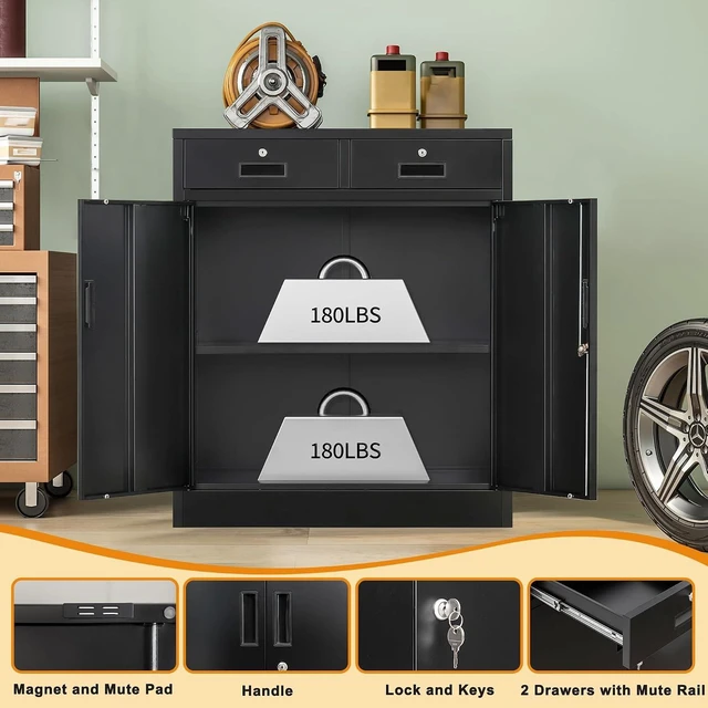 Alt view image 4 of 7 - Metal Storage Cabinet 36" H Locking Cabinet with 2 Drawers & Adjustable Shelf for Office, Garage, Home-Black