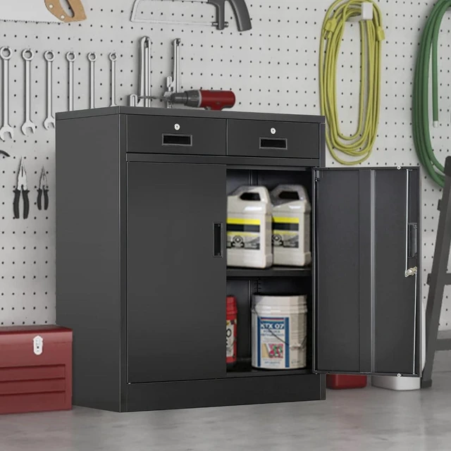 Alt view image 5 of 7 - Metal Storage Cabinet 36" H Locking Cabinet with 2 Drawers & Adjustable Shelf for Office, Garage, Home-Black