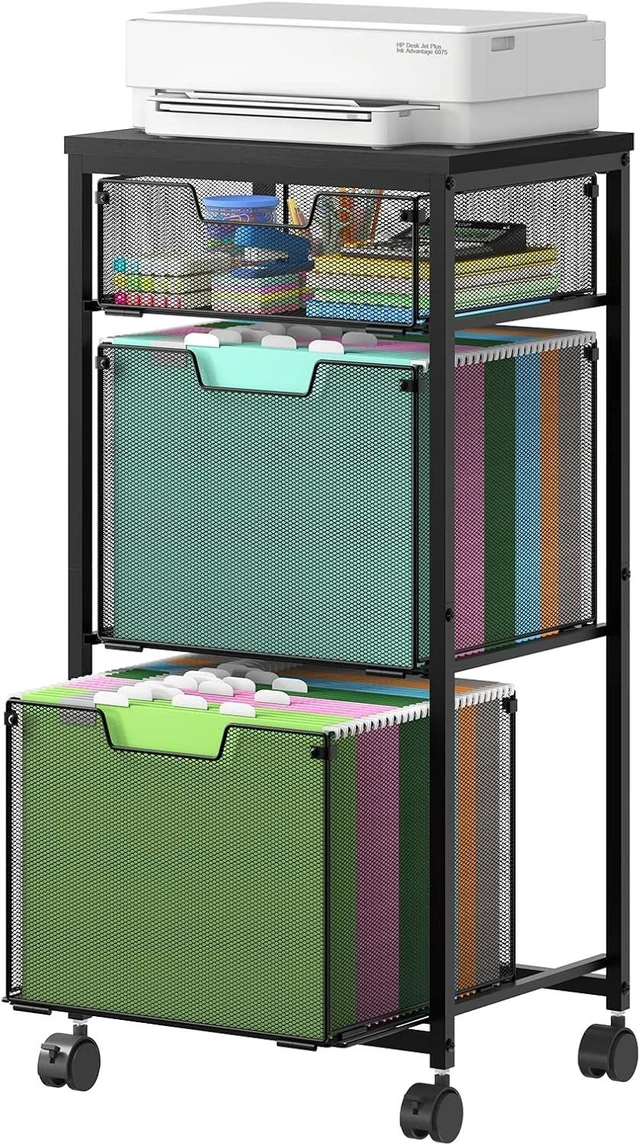 Main image of 3 Drawer Mobile File Cabinet Rolling Cabinet on Lockable Wheels, Hanging File Folders Organizer, Utility Cart & Printer Stand, Black