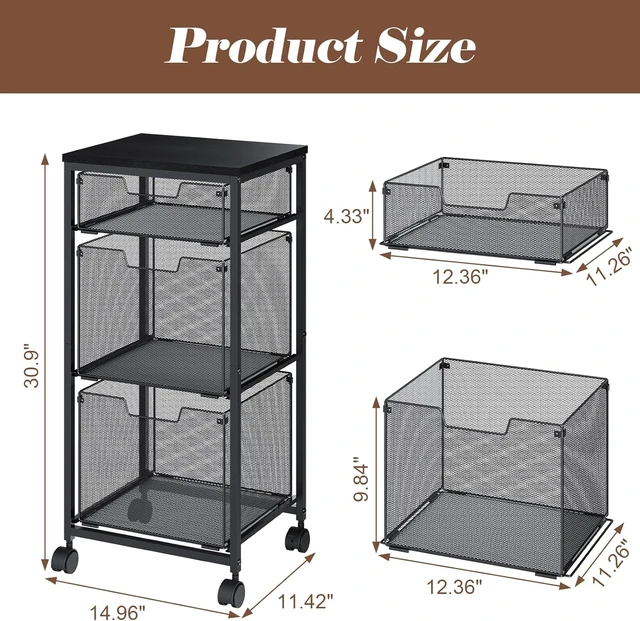 Alt view image 3 of 7 - 3 Drawer Mobile File Cabinet Rolling Cabinet on Lockable Wheels, Hanging File Folders Organizer, Utility Cart & Printer Stand, Black