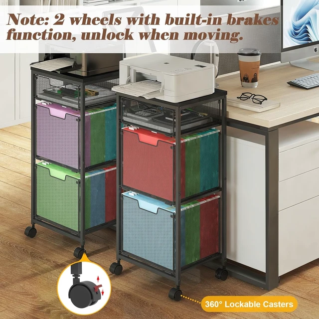 Alt view image 4 of 7 - 3 Drawer Mobile File Cabinet Rolling Cabinet on Lockable Wheels, Hanging File Folders Organizer, Utility Cart & Printer Stand, Black