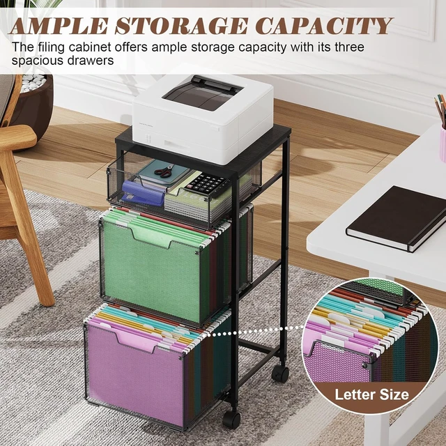 Alt view image 5 of 7 - 3 Drawer Mobile File Cabinet Rolling Cabinet on Lockable Wheels, Hanging File Folders Organizer, Utility Cart & Printer Stand, Black