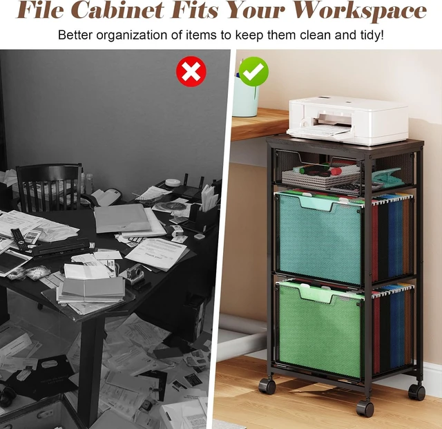 Alt view image 7 of 7 - 3 Drawer Mobile File Cabinet Rolling Cabinet on Lockable Wheels, Hanging File Folders Organizer, Utility Cart & Printer Stand, Black