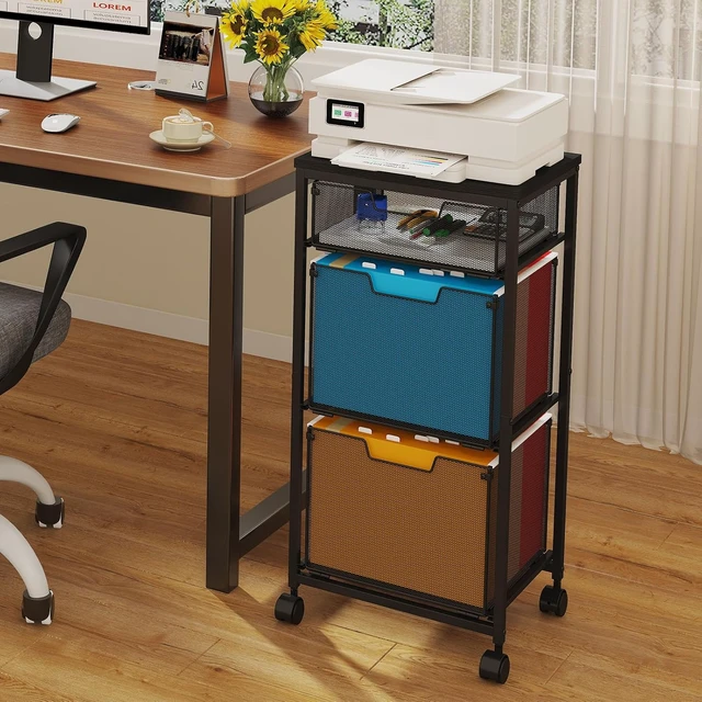 Alt view image 6 of 7 - 3 Drawer Mobile File Cabinet Rolling Cabinet on Lockable Wheels, Hanging File Folders Organizer, Utility Cart & Printer Stand, Black