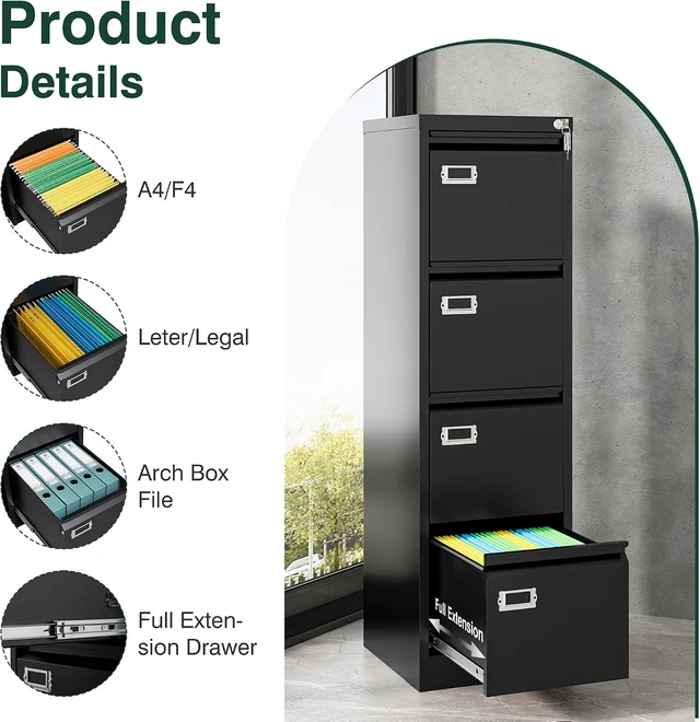 Alt view image 7 of 7 - 4 Drawer File Cabinet with Lock Vertical Small Steel Lockable Storage Cabinet for Hanging Letter/Legal/F4/A4