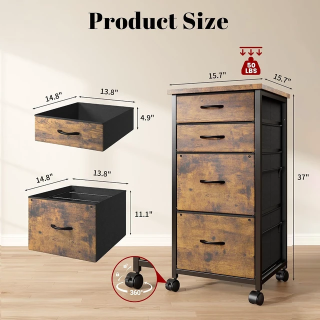 Alt view image 3 of 7 - 4-Drawer Rolling File Cabinet, Fits A4 Letter Size for Home Office