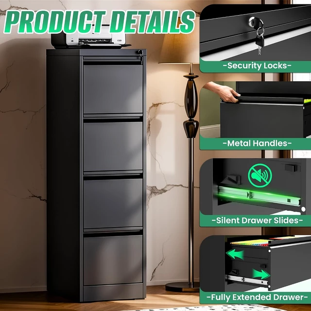 Alt view image 4 of 7 - File Cabinet 4 Drawer with Lock Vertical Metal Steel Storage for Letter/Legal Size, Assembly Required (Black)