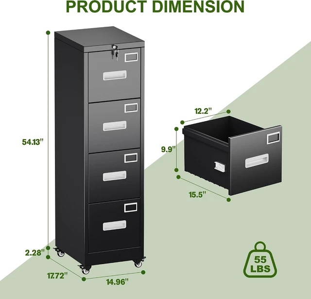Alt view image 2 of 7 - 4 Drawer Metal File Cabinet with Lock & Wheels, Black