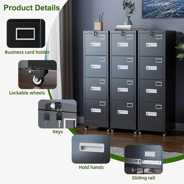 Alt view image 3 of 7 - 4 Drawer Metal File Cabinet with Lock & Wheels, Black