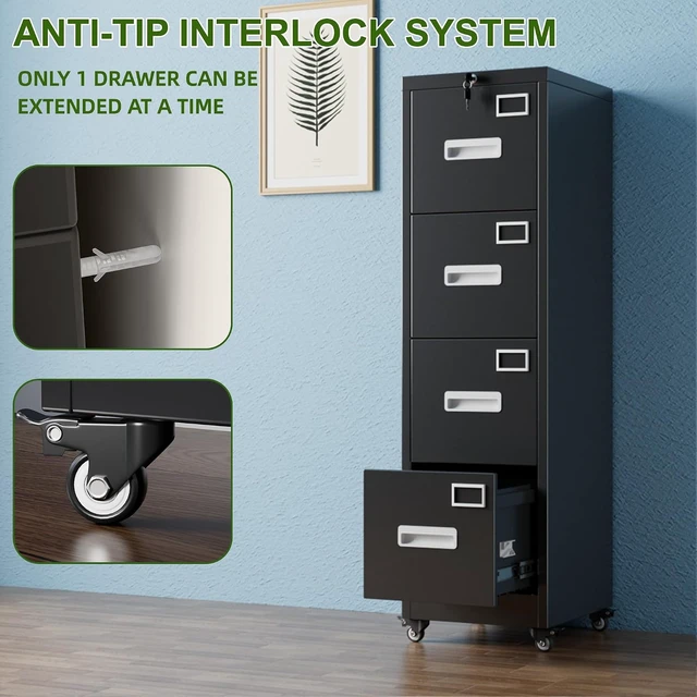 Alt view image 5 of 7 - 4 Drawer Metal File Cabinet with Lock & Wheels, Black