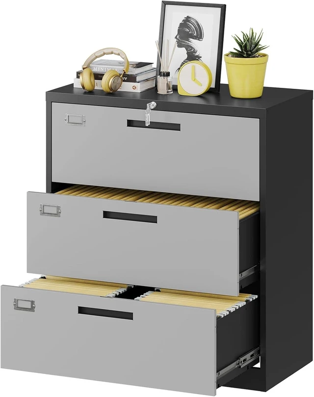 Main image of 3 Drawer Lateral File Cabinet with Lock Gray Metal Steel Lockable Cabinet for Hanging Letter/Legal/F4/A4, Assembly Required