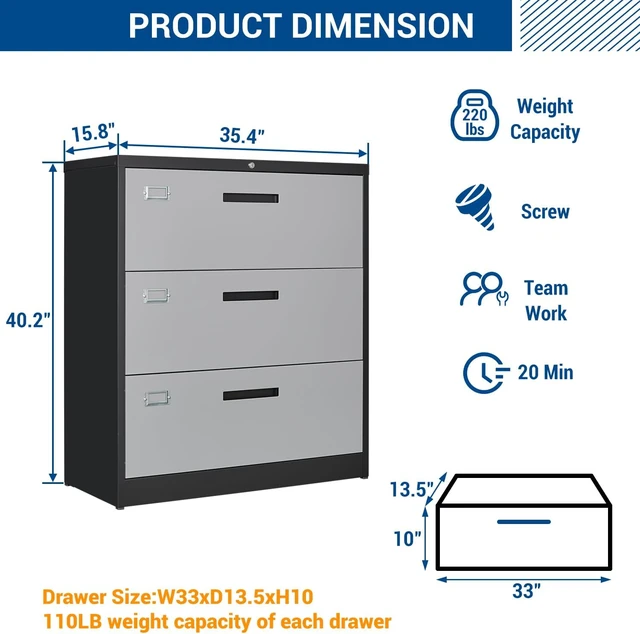 Alt view image 3 of 7 - 3 Drawer Lateral File Cabinet with Lock Gray Metal Steel Lockable Cabinet for Hanging Letter/Legal/F4/A4, Assembly Required