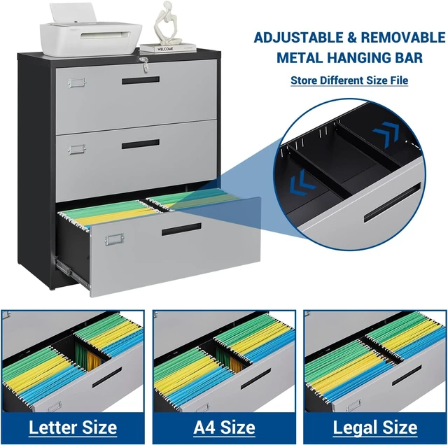 Alt view image 5 of 7 - 3 Drawer Lateral File Cabinet with Lock Gray Metal Steel Lockable Cabinet for Hanging Letter/Legal/F4/A4, Assembly Required