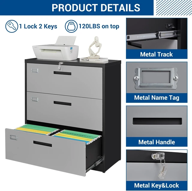 Alt view image 7 of 7 - 3 Drawer Lateral File Cabinet with Lock Gray Metal Steel Lockable Cabinet for Hanging Letter/Legal/F4/A4, Assembly Required