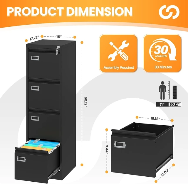 Alt view image 3 of 7 - 4 Drawer File Cabinet with Lock 18" Deep Vertical Black Metal Cabinet for Letter/Legal/A4/F4 Size & File Folders