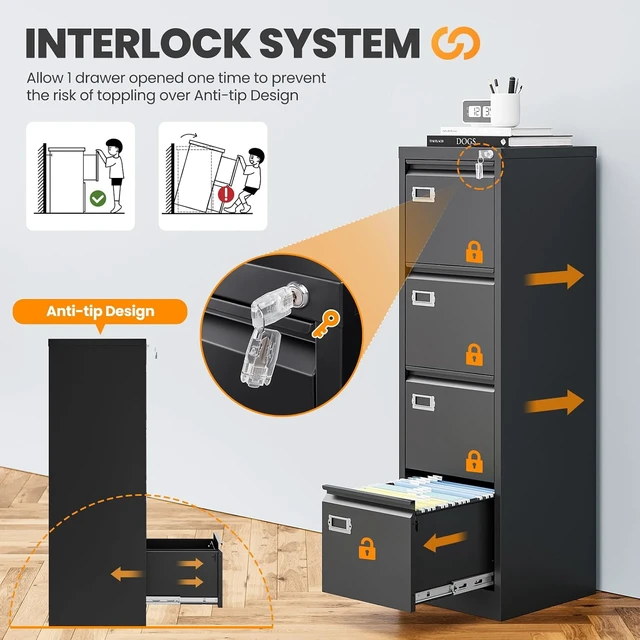 Alt view image 4 of 7 - 4 Drawer File Cabinet with Lock 18" Deep Vertical Black Metal Cabinet for Letter/Legal/A4/F4 Size & File Folders