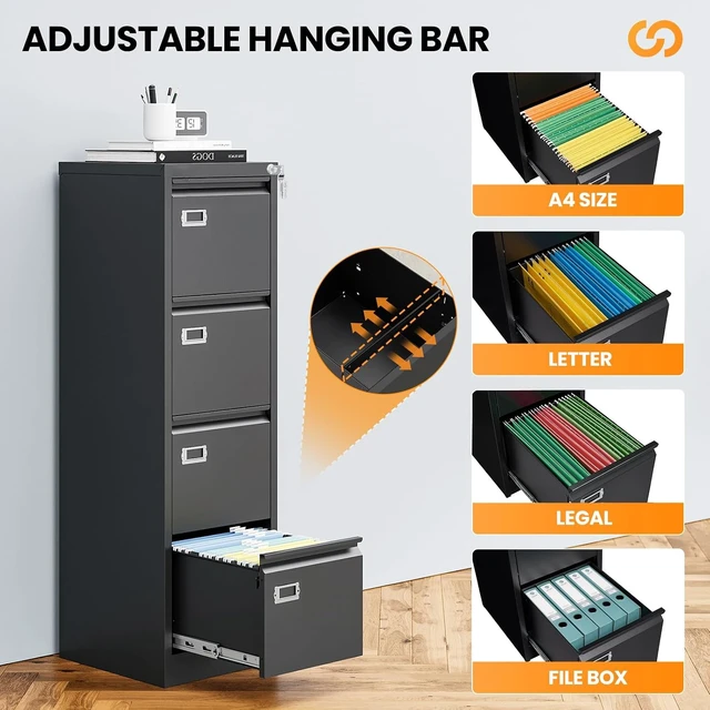 Alt view image 5 of 7 - 4 Drawer File Cabinet with Lock 18" Deep Vertical Black Metal Cabinet for Letter/Legal/A4/F4 Size & File Folders