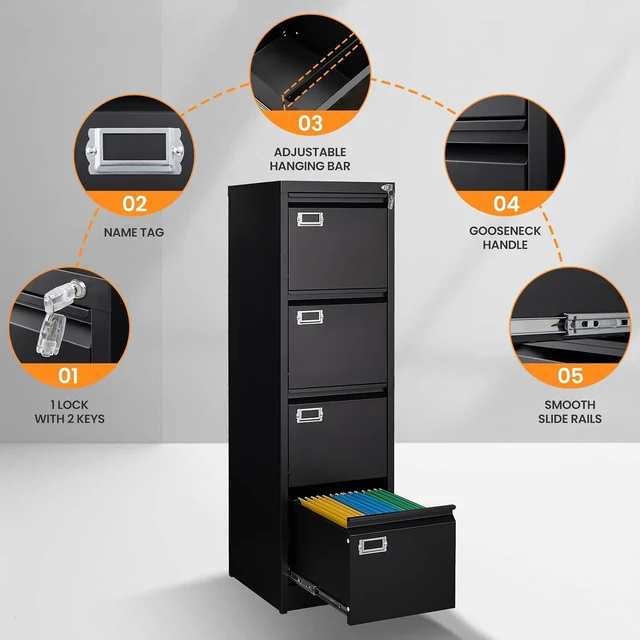 Alt view image 6 of 7 - 4 Drawer File Cabinet with Lock 18" Deep Vertical Black Metal Cabinet for Letter/Legal/A4/F4 Size & File Folders