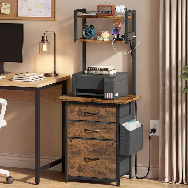 Main image of 3 Drawer File Cabinet with Charging Station 49''H Tall 3-Tier Small Cabinet for Home Office, 20''*15'' for Small Printer, Fabric Drawer, Rustic Brown