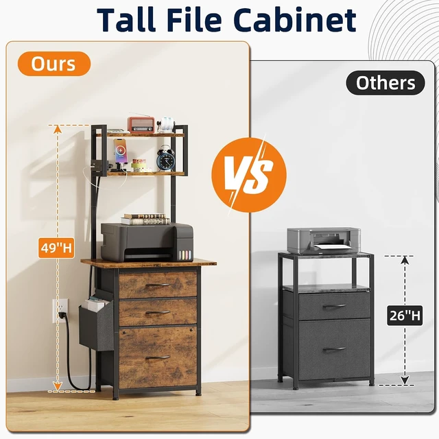 Alt view image 4 of 7 - 3 Drawer File Cabinet with Charging Station 49''H Tall 3-Tier Small Cabinet for Home Office, 20''*15'' for Small Printer, Fabric Drawer, Rustic Brown