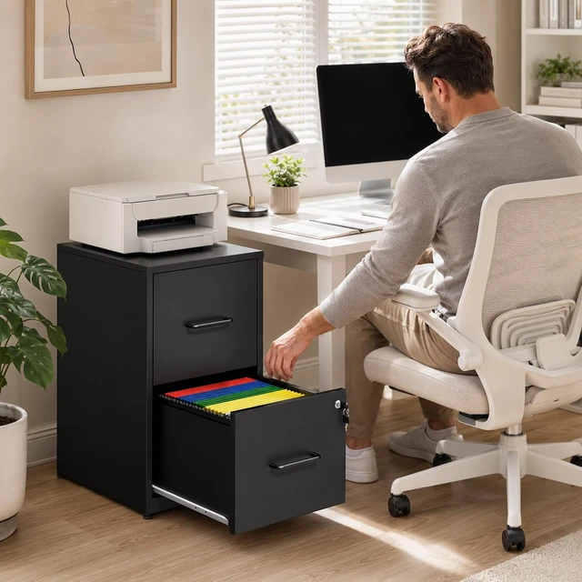 Alt view image 2 of 7 - 2 Drawer File Cabinet with Lock Metal Vertical Cabinet for Hanging Legal/Letter/A4, Office Storage, Require Assembly, Black