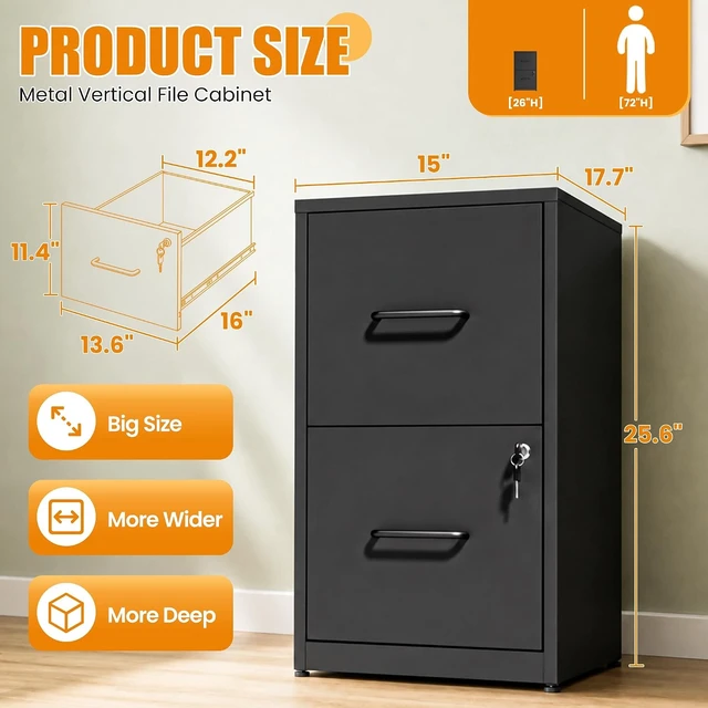 Alt view image 3 of 7 - 2 Drawer File Cabinet with Lock Metal Vertical Cabinet for Hanging Legal/Letter/A4, Office Storage, Require Assembly, Black