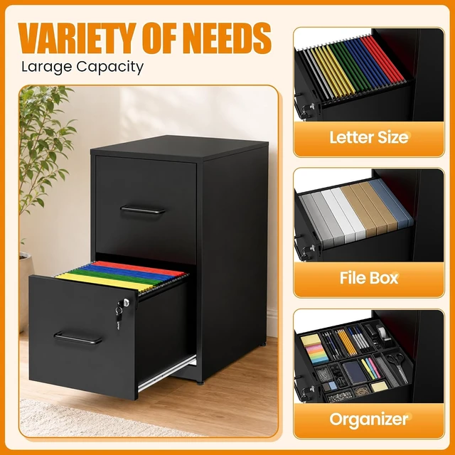 Alt view image 4 of 7 - 2 Drawer File Cabinet with Lock Metal Vertical Cabinet for Hanging Legal/Letter/A4, Office Storage, Require Assembly, Black