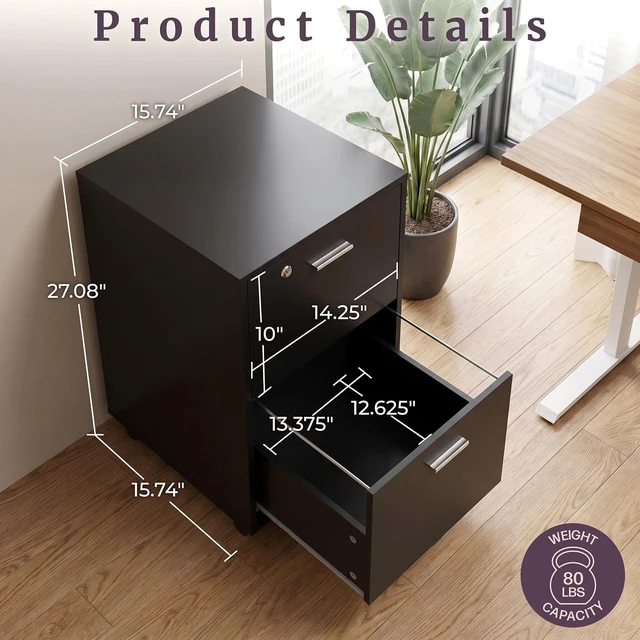 Alt view image 2 of 7 - Black 2-Drawer Wooden File Cabinet with Lock, 16 x 27